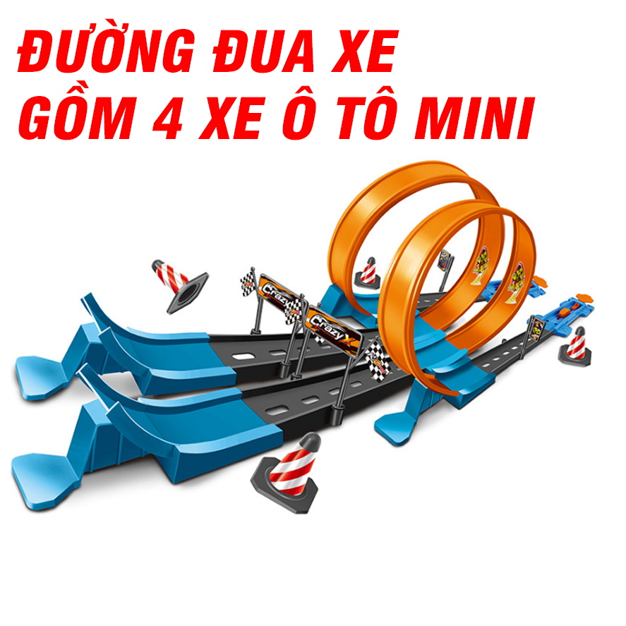 Bộ ghép mô hình đường đua ô tô gồm 4 xe đồ chơi trẻ em