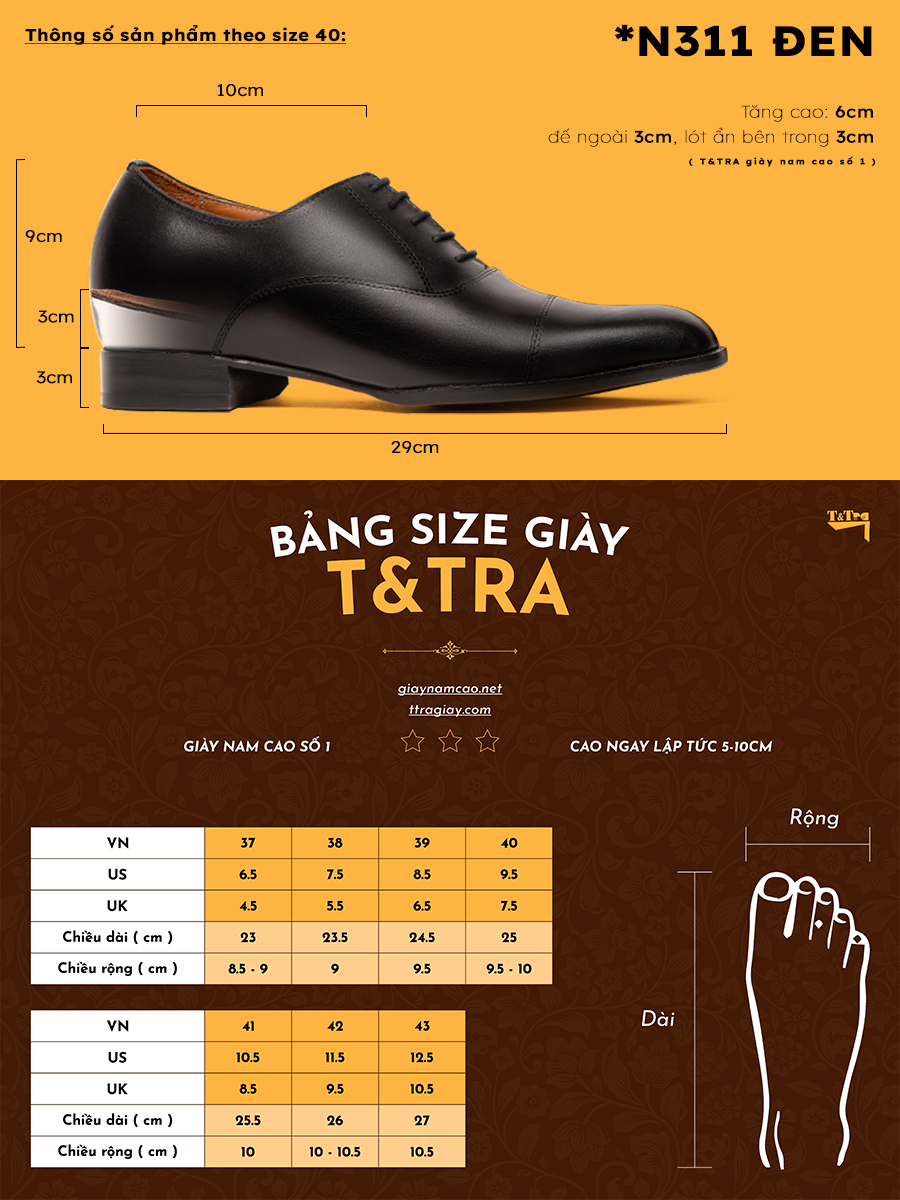 [ 6CM ] Giày Tăng Chiều Cao Nam T&TRA N311 Đen