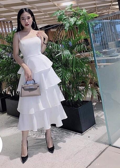 [HCM]Đầm hai dây Maxi trắng 4 tầng