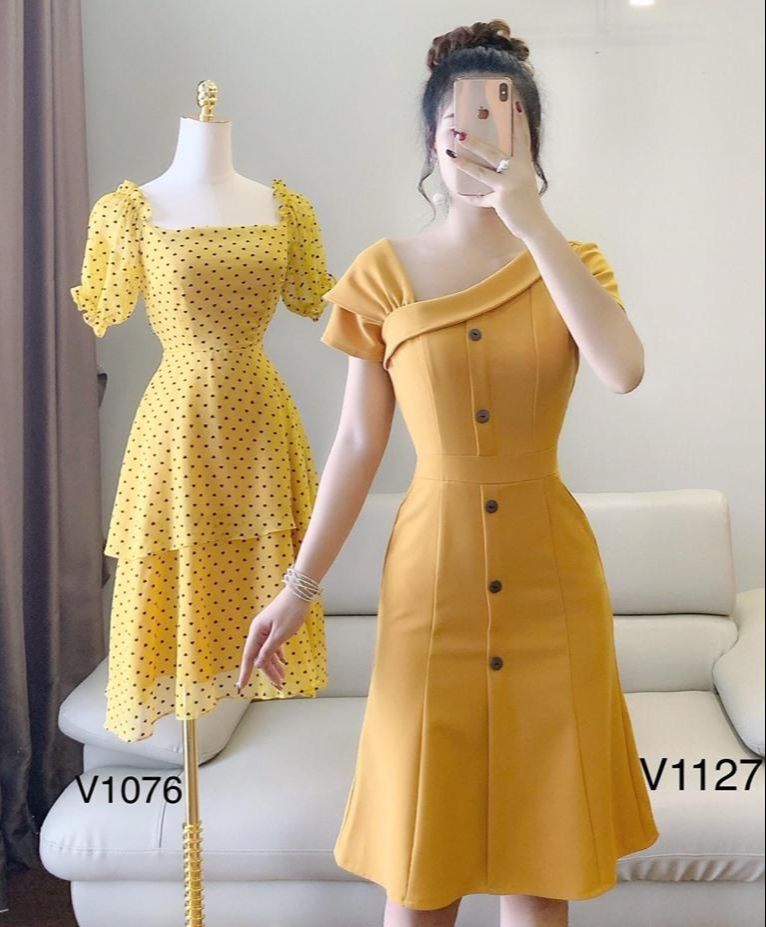 [HCM]  Đầm Xòe Cổ V Phối Nút Vàng BEYEU1688 - BY8140