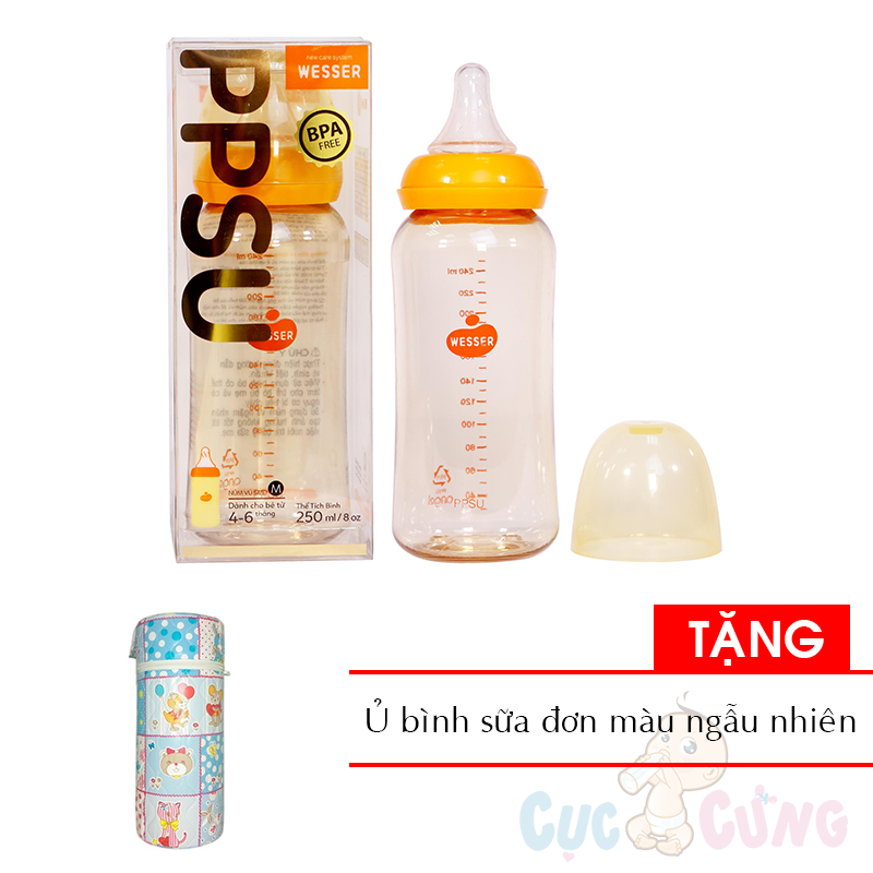 Bình sữa Wesser PPSU cổ nhỏ 250ml Tặng ủ bình sữa đơn họa tiết ngẫu nhiên