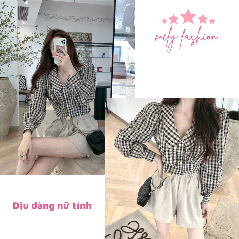 Áo sơ mi nữ croptop cổ bẻ dài tay bồng kẻ caro dáng ngắn lửng chất thô mềm màu đen phong cách hàn quốc trẻ trung ASM11