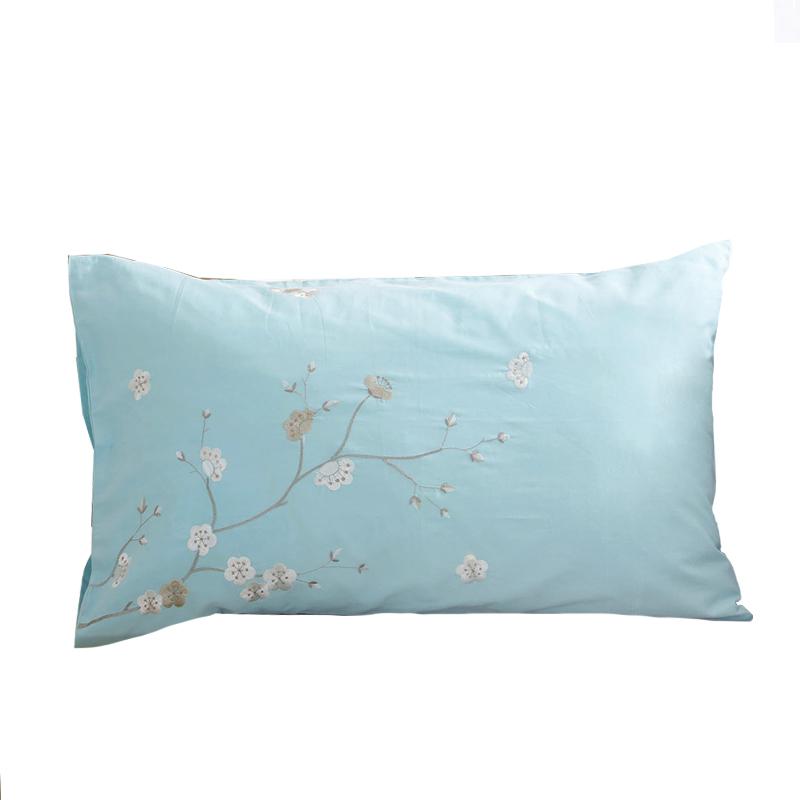 Vỏ Gối 100% Cotton Xanh Thêu Hoa Đơn Diềm Hoa Đơn Túi Gối Bộ Xuất Khẩu Dày 48X74 Cm