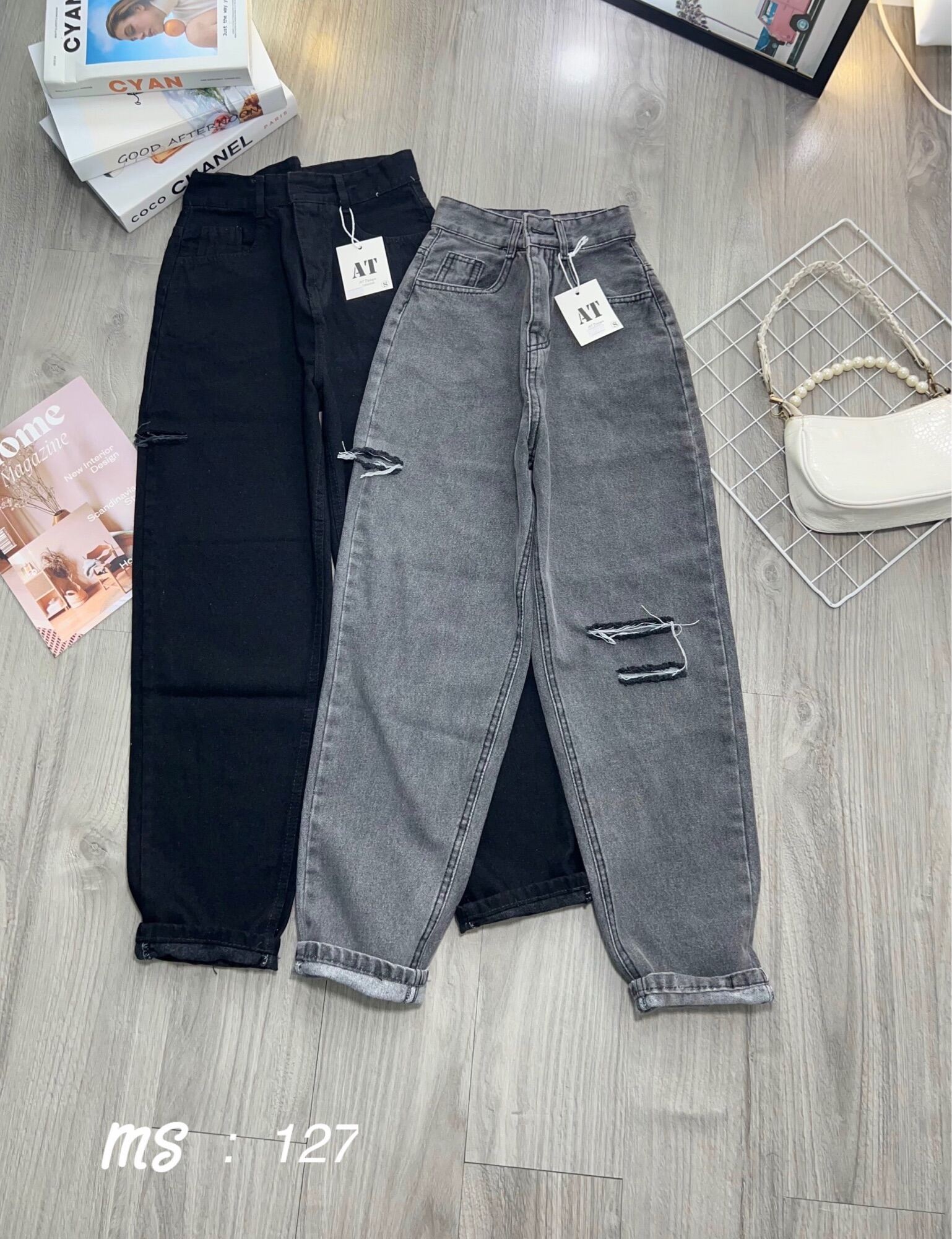 Baggy Jeans Lưng Cao Rách Bẹ 3Line