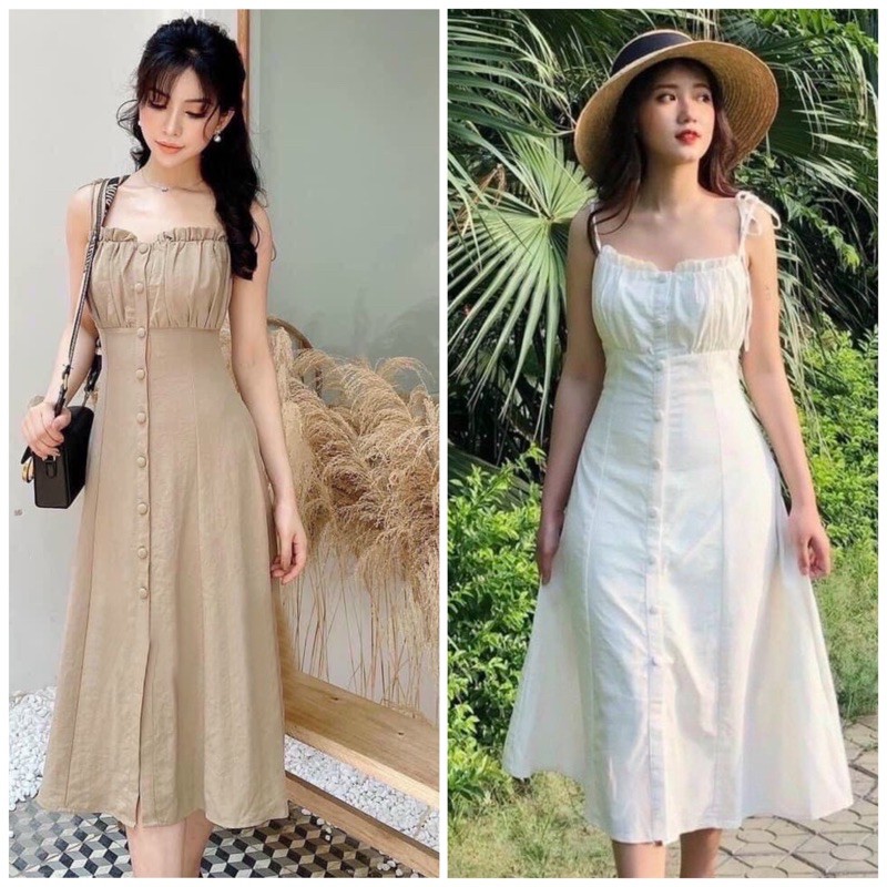 Đầm 2 dây nút bọc 2 màu