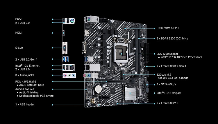 Bo mạch chủ Main Asus H510m-k mới (sk 1200)