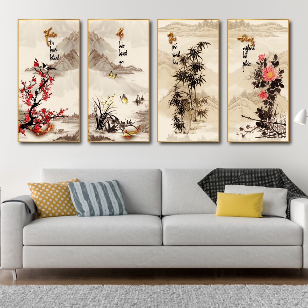 (Ready frame) Four Seasons Golden Peacock hanging wall painting Lan Daisy plate frame living room wall pictures Four Seasons feng shui painting