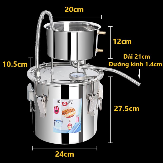 Bộ nồi nấu tinh dầu ruouINOX 12l-22L-35L (tặng máy bơm mini, bộ đo độ và 3 loại men rượu) nồi chưng cất tinh dầu nước hoa hồng đa năng 24cm dùng với bếp điện, bếp từ, bếp gas, bếp củi. Nồi hấp xôi, ủ lên men