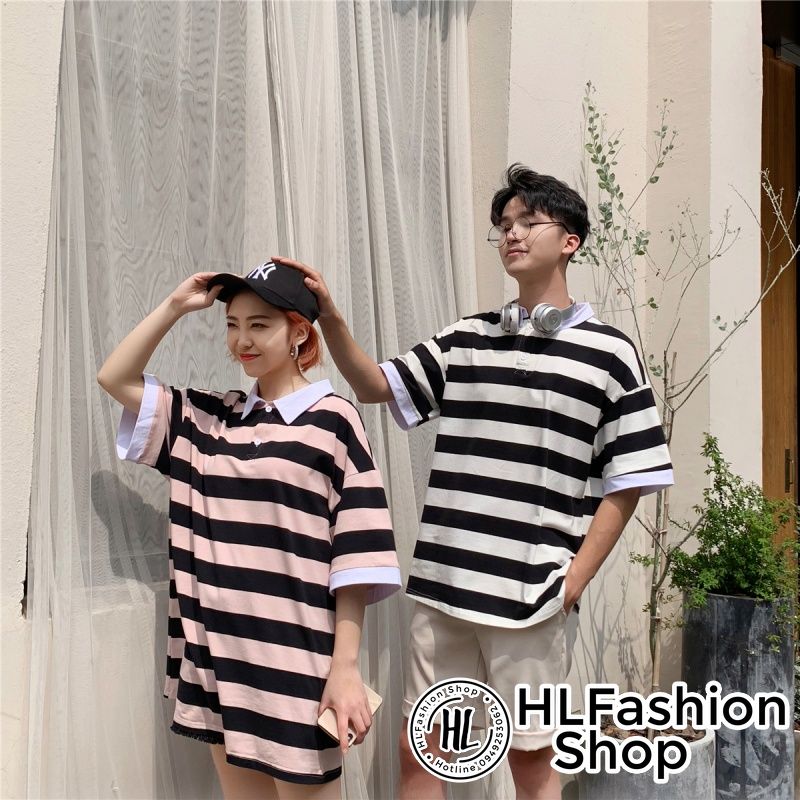 Áo polo thun cổ trụ Unisex sọc ngang to bản lịch sự đơn giản, áo thun có cổ HLFashion