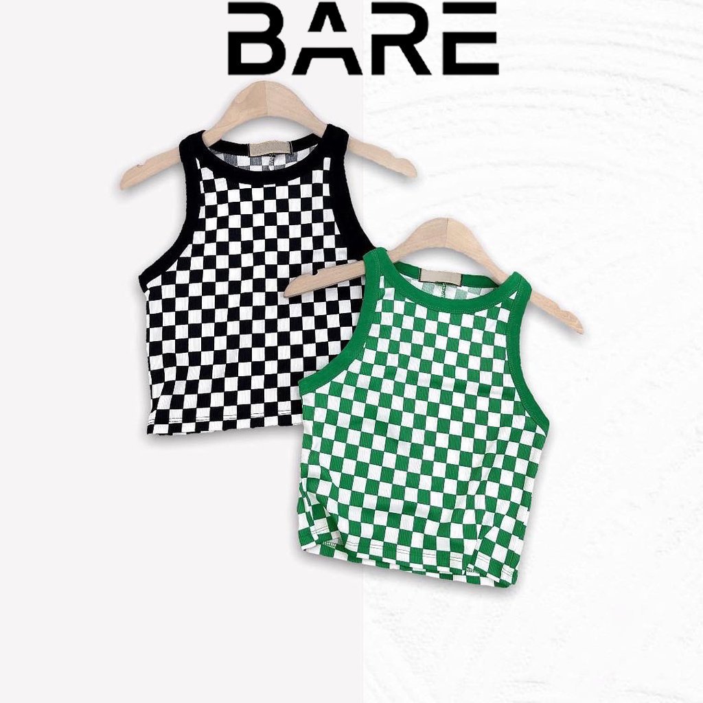 Áo croptop ba lỗ caro phối viền