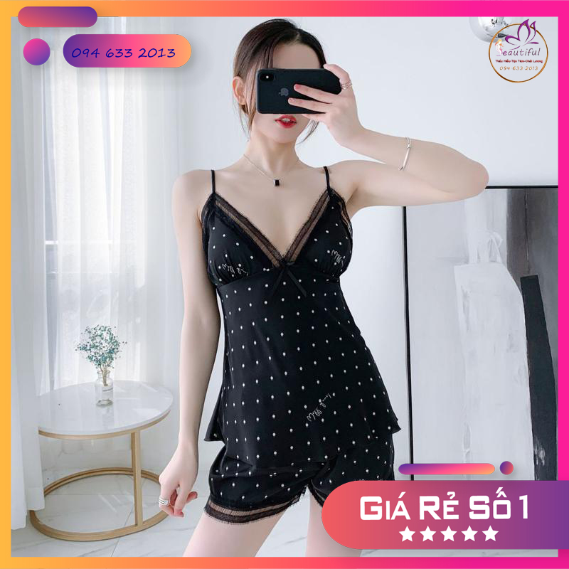 Bộ Đồ Ngủ Chấm Bi Sexy - Vải Lụa Mềm Mại,Thoải Mái
