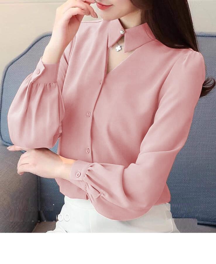Áo sơ mi nữ công sở kiểu cổ nút ngọc dễ thương