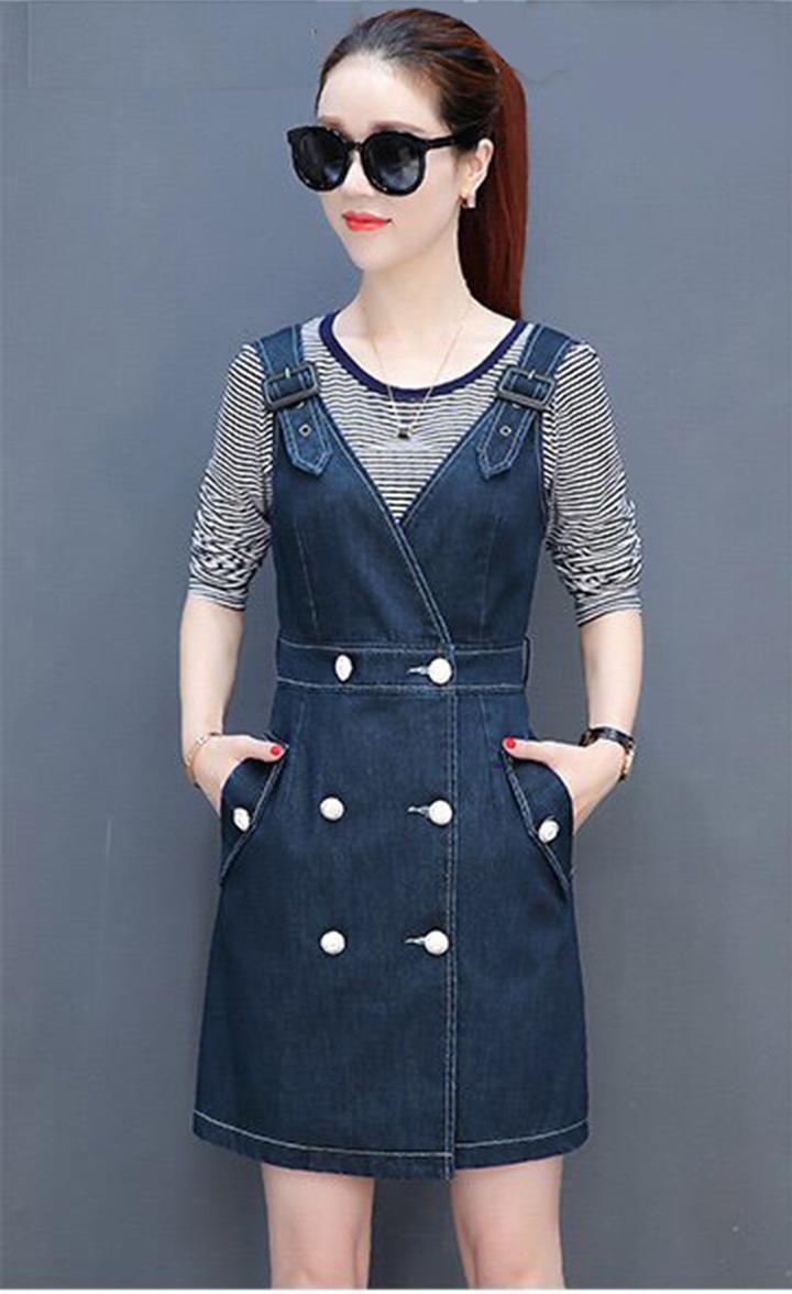 [HCM]Đầm Yếm Jean Nữ Duyên Dáng Phối Nút