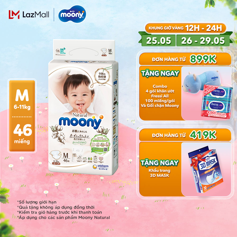 [Voucher 8%] Tã/Bỉm dán cao cấp Moony Natural size M 46 miếng (6 - 11kg) bề mặt bông 100% cotton organic