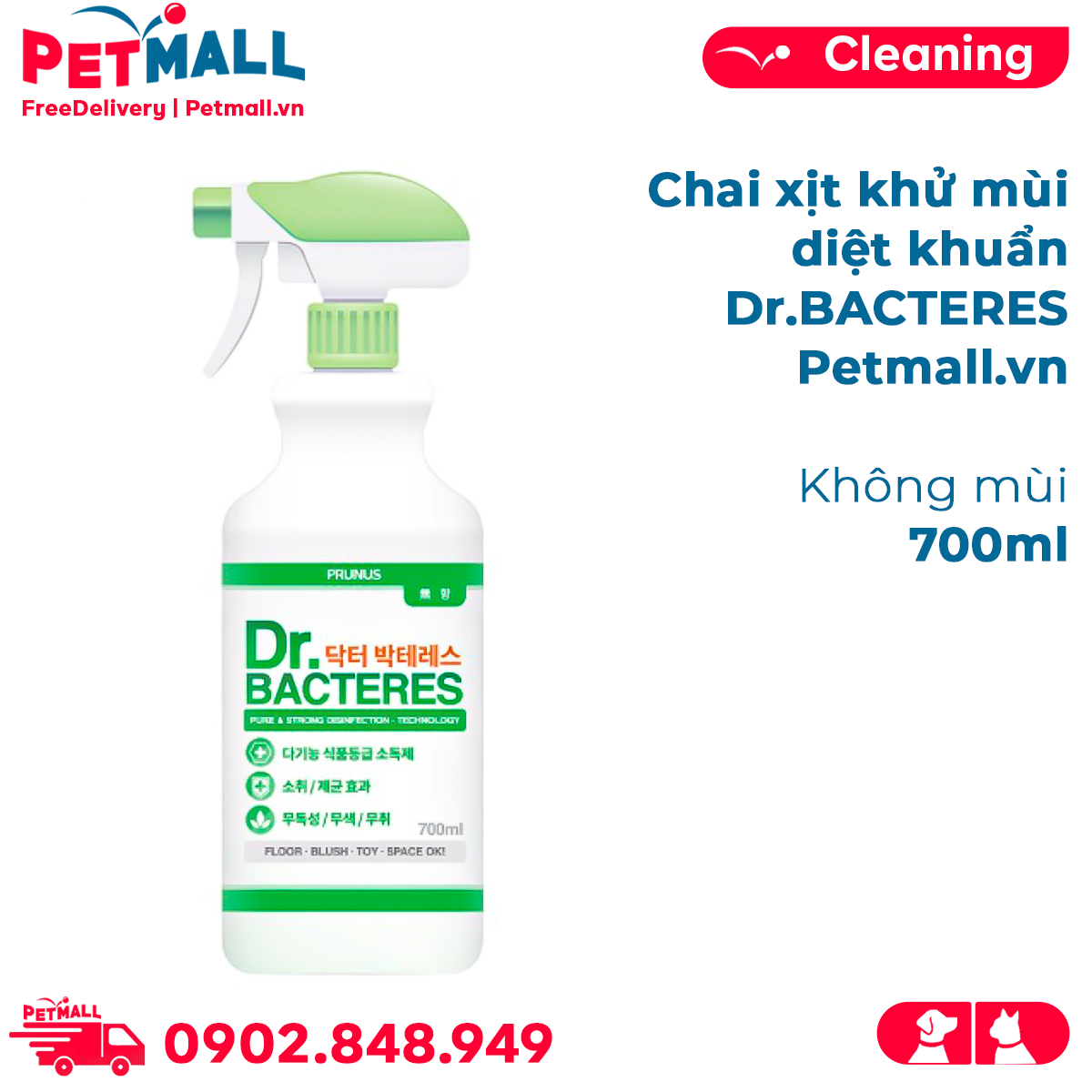 Chai xịt khử mùi diệt khuẩn Dr.BACTERES 700ml - Không mùi Petmall
