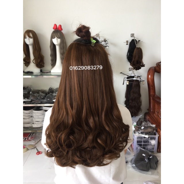 Tóc giả kẹp nửa đầu tóc kẹp chữ u xoăn đuôi 45cm - mã ku03