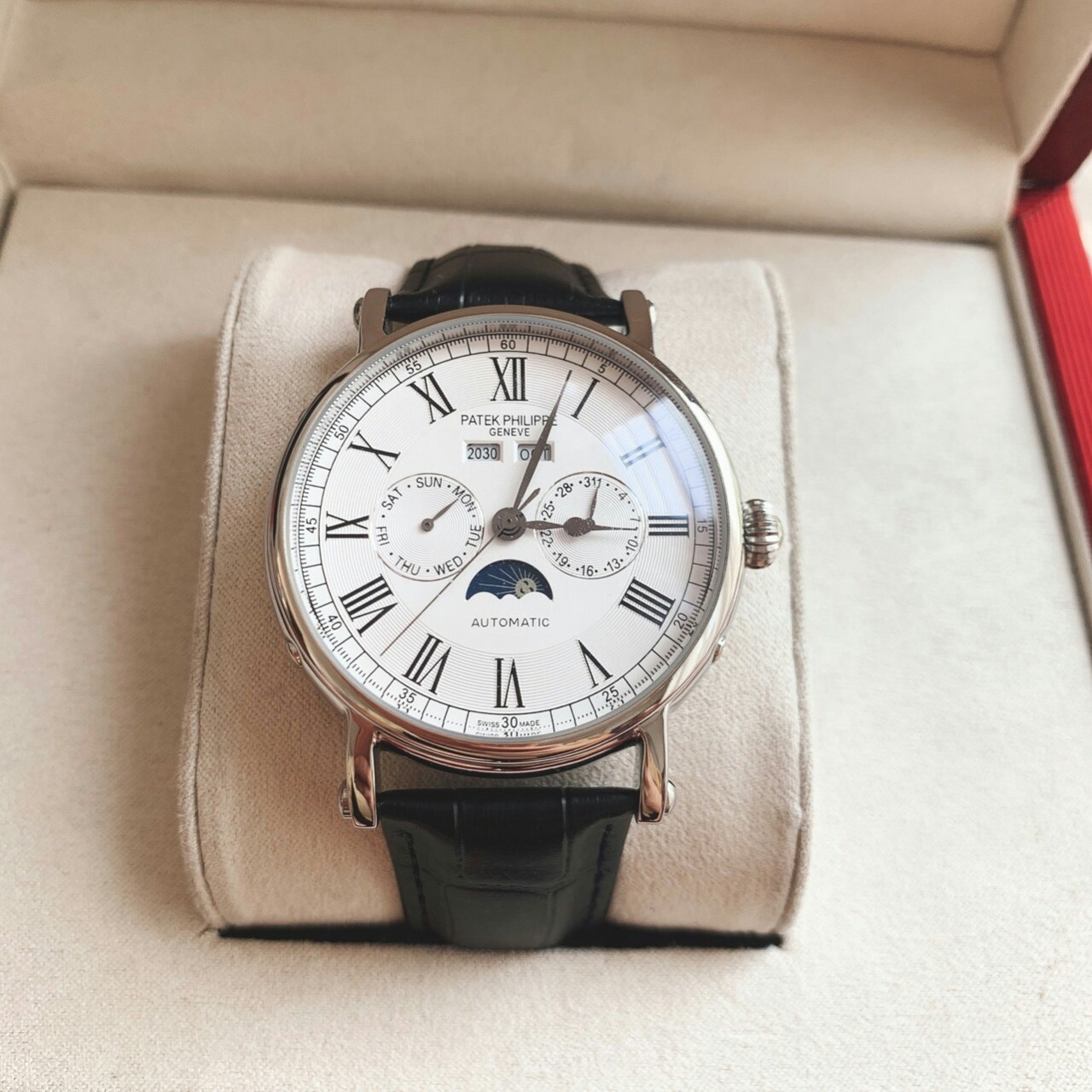 { ĐỒNG HỒ HÀNG HIỆU } {VIDEO} Đồng Hồ PATEK PHILIPPE Trăng Sao Automatic Số La Mã Dây Da + Thẻ Bảo Hành