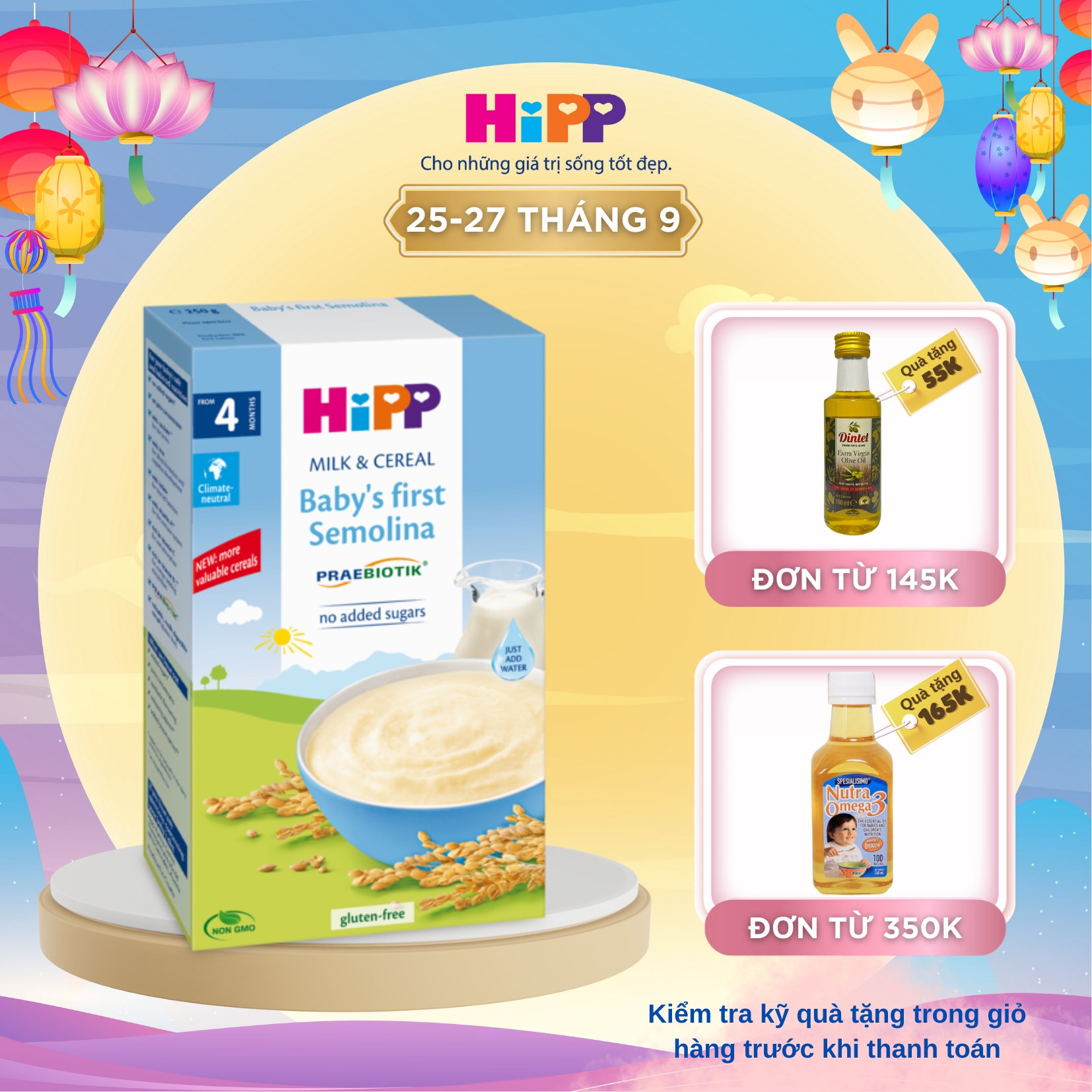 [BESTSELLER][QUÀ TẶNG HOT]Bột sữa ăn dặm khởi đầu HiPP Organic Cereal Baby's First Semolina chất lượng hữu cơ, tự nhiên, an toàn, dinh dưỡng, bổ sung Canxi, sắt và vitamin dành cho trẻ từ 4 tháng tuổi làm quen với ăn dặm 250g(2951)