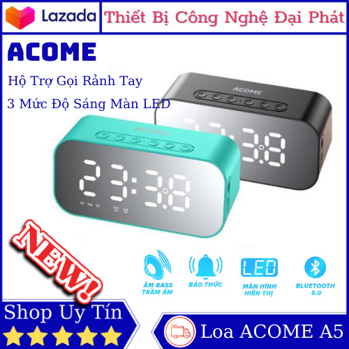 Acomme A5 Bluetooth speaker-3 in 1 clock speaker (alarm clock-mirror glass-LED display)-powerful bass sound-clock duration up to 30H