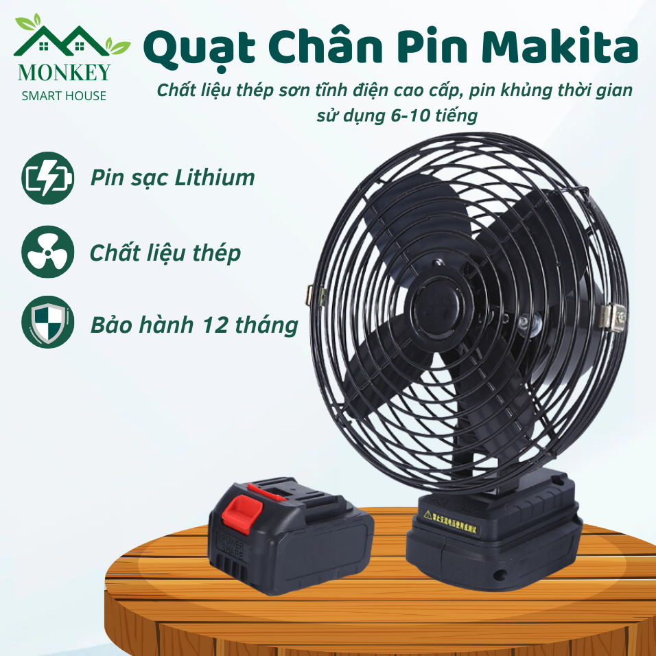 Quạt pin chân Makita tích điện, Quạt chạy pin Makita tích điện để bàn văn phòng 18v phổ thông 8 inch, chất liệu thép sơn tĩnh điện, bảo hành 12 tháng