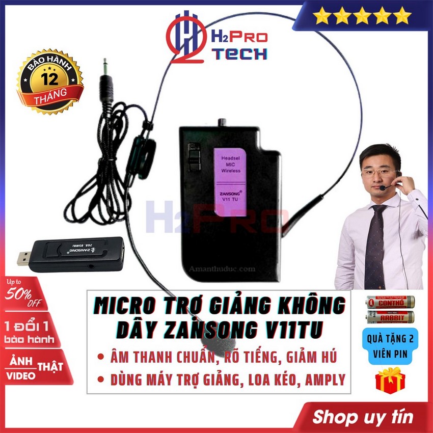 Micro trợ giảng không dây, Micro Đeo Tai Zansong V11TU cao cấp, thu sóng xa 80m-H2pro Tech