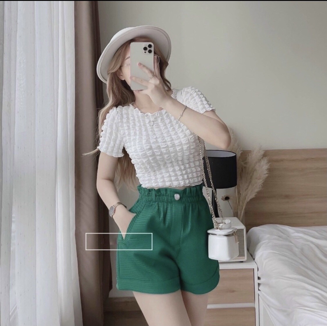 Quần Short Cạp Cao Chất Tổ Ong Siêu Hot