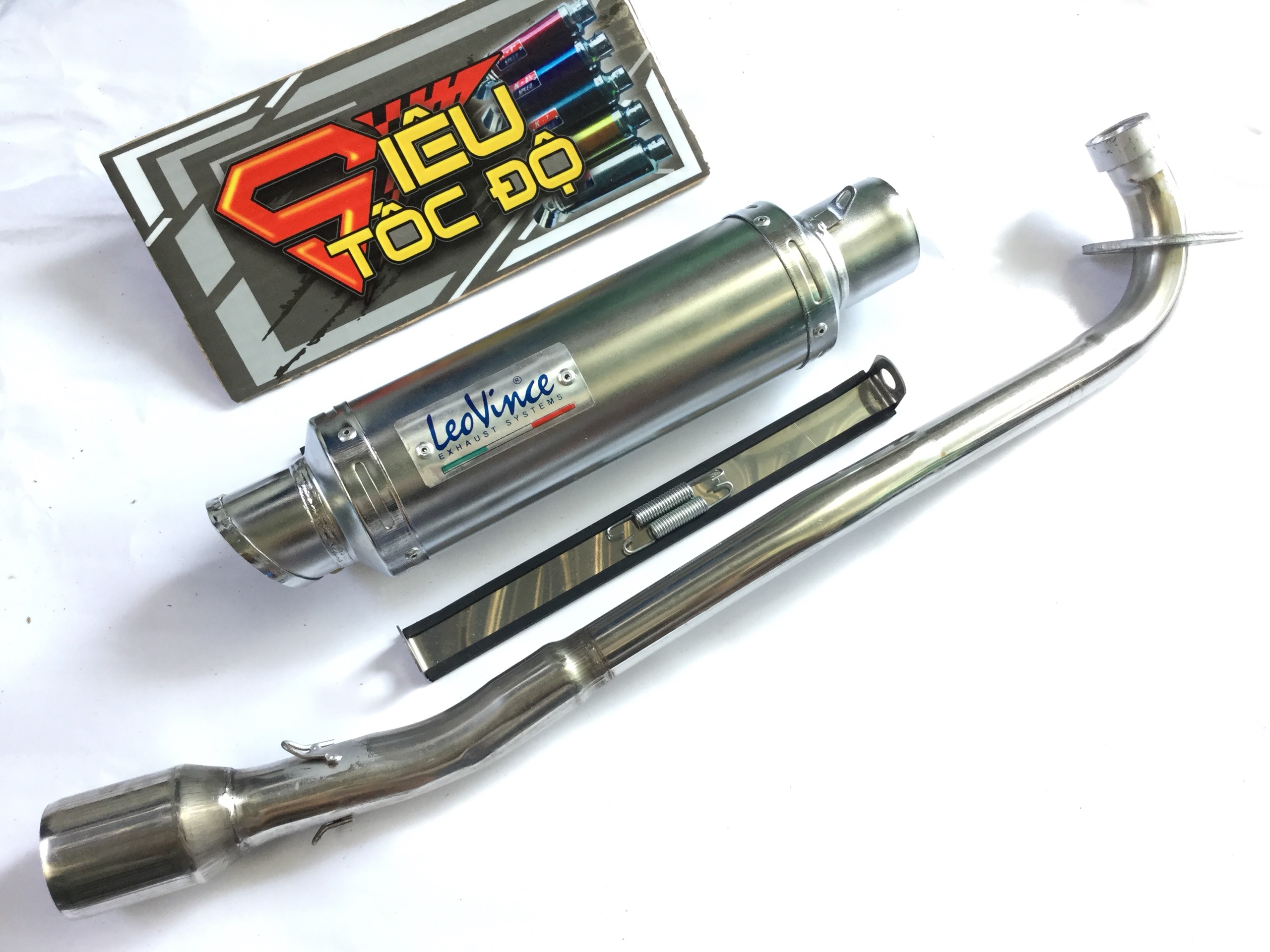 Pô leovince trắng full pass treo lò xo bao gồm cả cổ pô độ cho xe sirius fi, jupiter fi,....