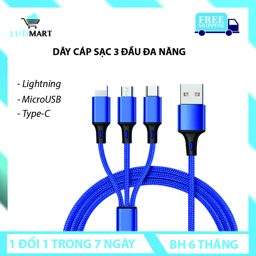 Cáp sạc đa năng 3 đầu Lightning - MicroUSB - Type-C dài 1m2 sạc 3 thiết bị cùng một lúc. Cáp Sạc Iphone,Cáp Sạc Type C,Cáp Sạc Sam Sung,Cáp Sạc Nhanh. Bảo hành bởi LUTIMART