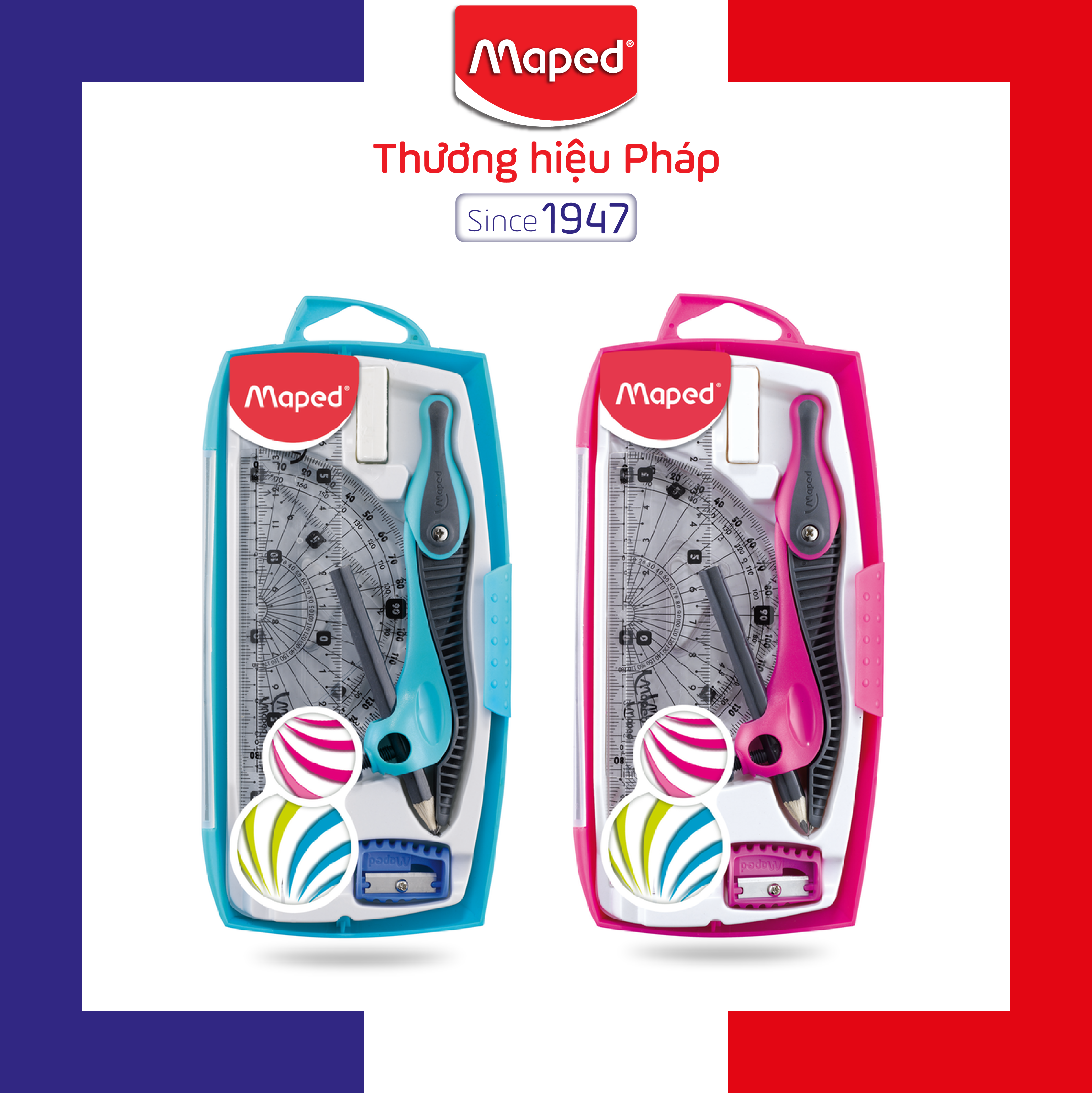 MAPED - Hộp Compa Kid'Z chì gỗ - set 8 (Compa, chuốt chì, gôm, chì, bộ 4 thước)