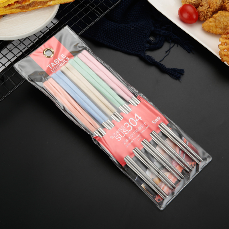 [ Bộ 5 đôi ] Đũa Inox 304 bọc nhựa lúa mạch chống trượt