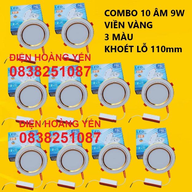 Combo 10 đèn led âm trần viền vàng 9w 3 màu 3 chế độ