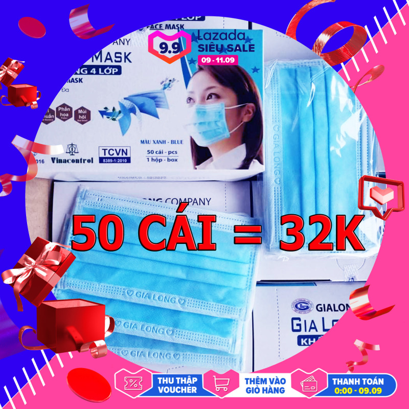 MAU XANH 50 chiếc khẩu trang y tế GIA LONG 4 lớp kháng khuẩn cao cấp 5 BICH 10 CÁI