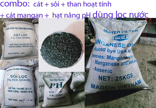 Vật liệu lọc nước lọc phèn khử sắt khử mùi: 10kg cát 10kg sỏi 5kg mangan + 10kg than hoạt tính gáo dừa khử mùi+5kg pH bổ sung lượng pH trong nước