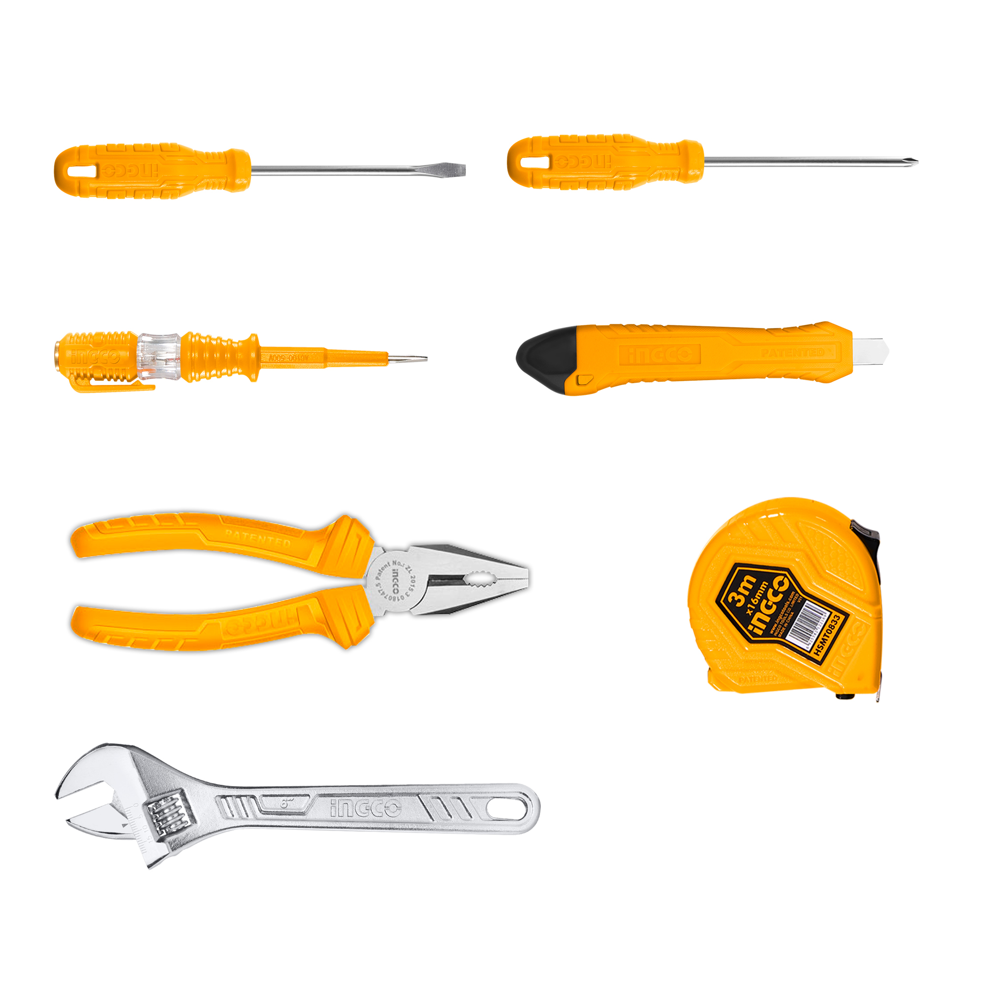 Bộ 7 dụng cụ cầm tay INGCO HKTH10807 búa tua vít kìm mỏ lết dao thước bút thử điện