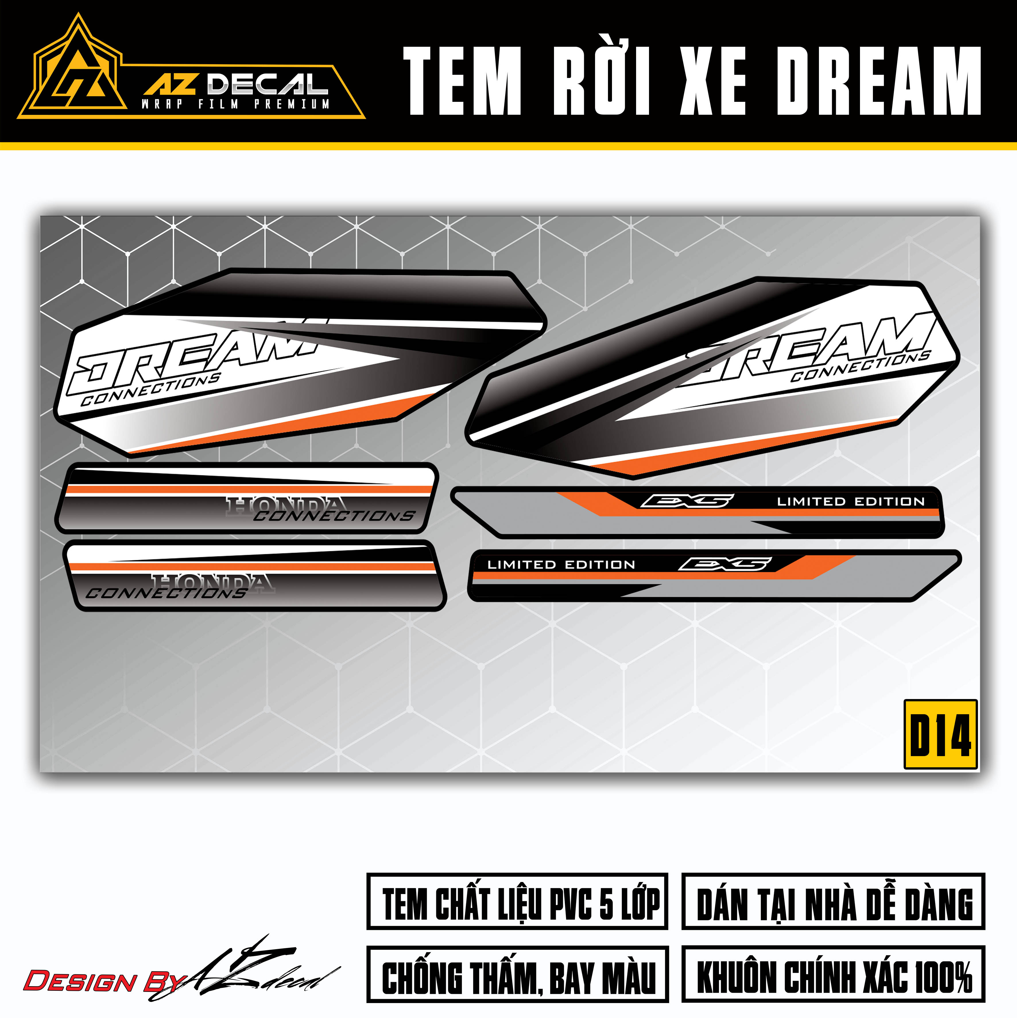 Tem Chế Xe Dream Việt, Thái Cách Điệu | D14 | Bộ Tem Độ Xe Dream Thiết Kế Cao Cấp Chống Nước, Bền Màu, Dễ Sử Dụng - Azdecal