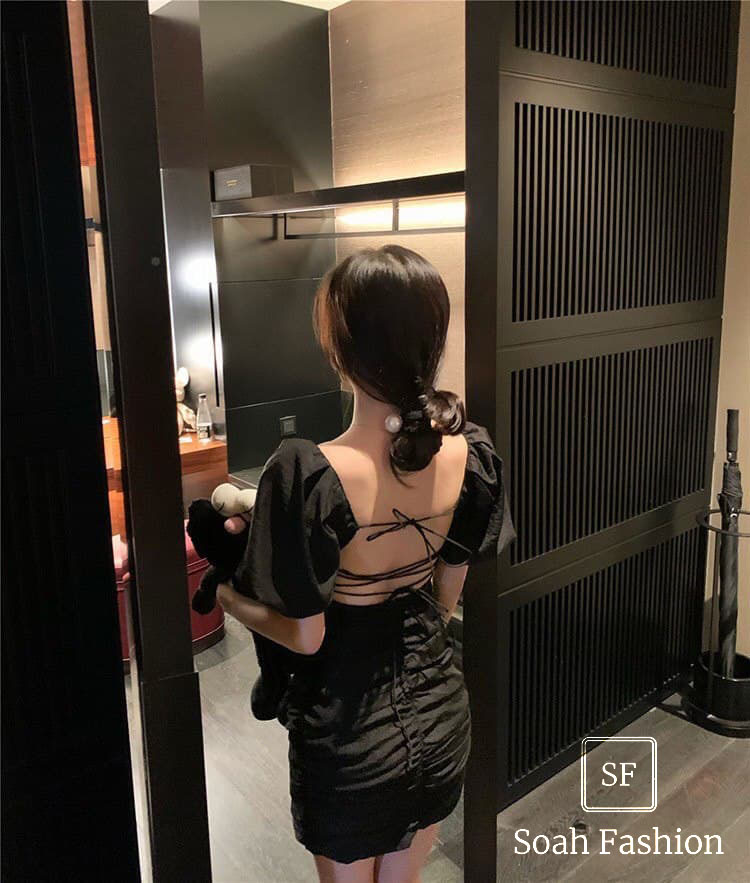 Đầm Tay Con Đan Dây Lưng GOHA (ĐEN)