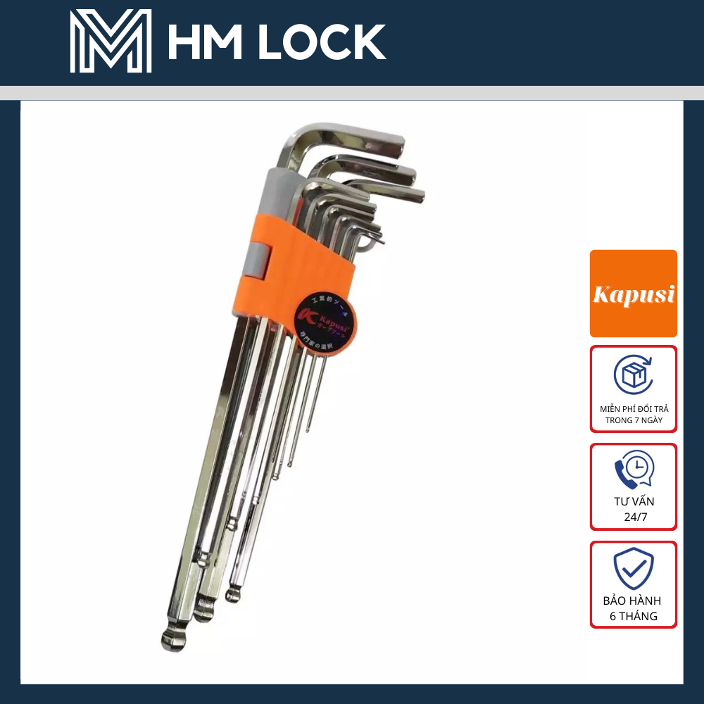 BỘ LỤC GIÁC 9 MÓN ĐẦU BI KAPUSI- THÉP CR-V KHÔNG GỈ, SIÊU CỨNG, SIÊU BỀN - HM LOCK