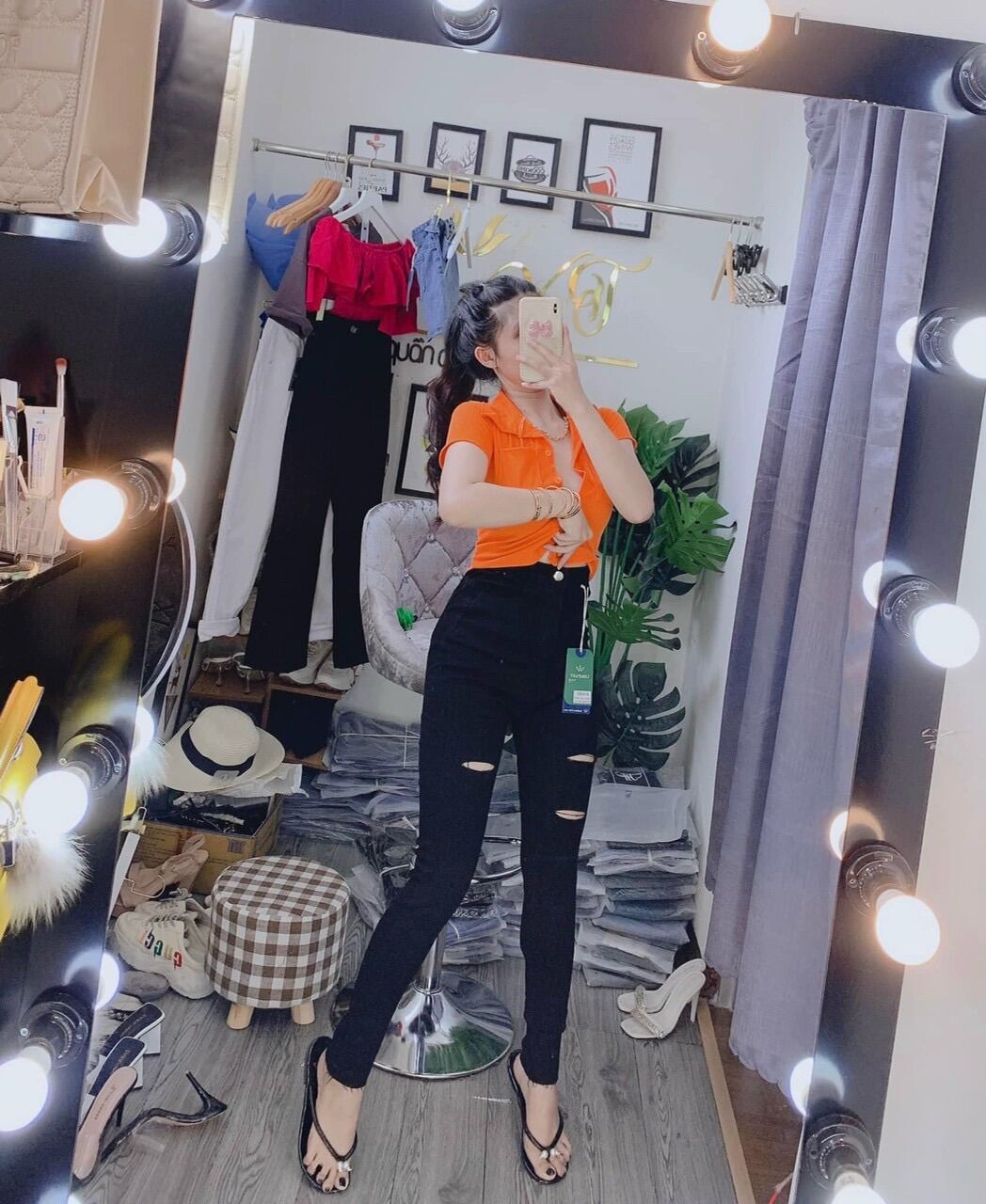 Jeans dài lưng cao co giãn rách 3line