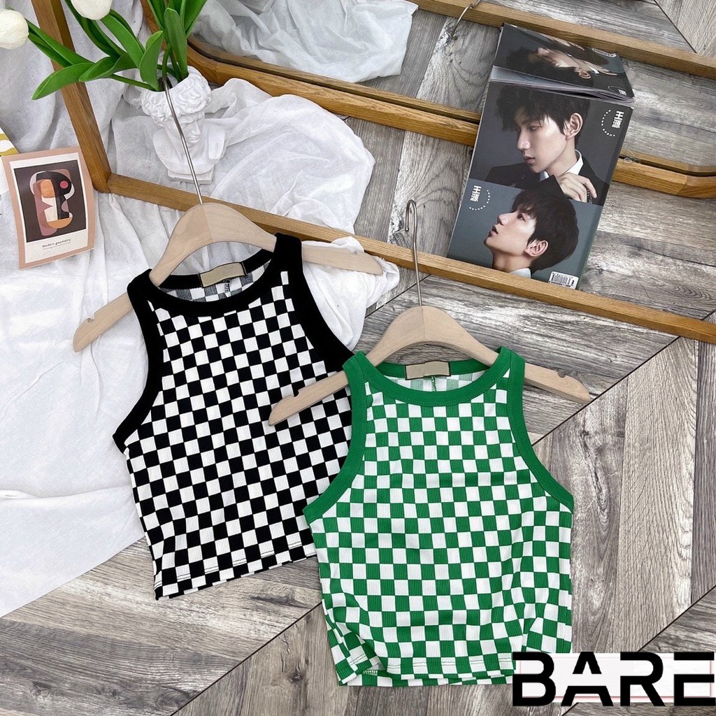 Áo croptop ba lỗ caro phối viền