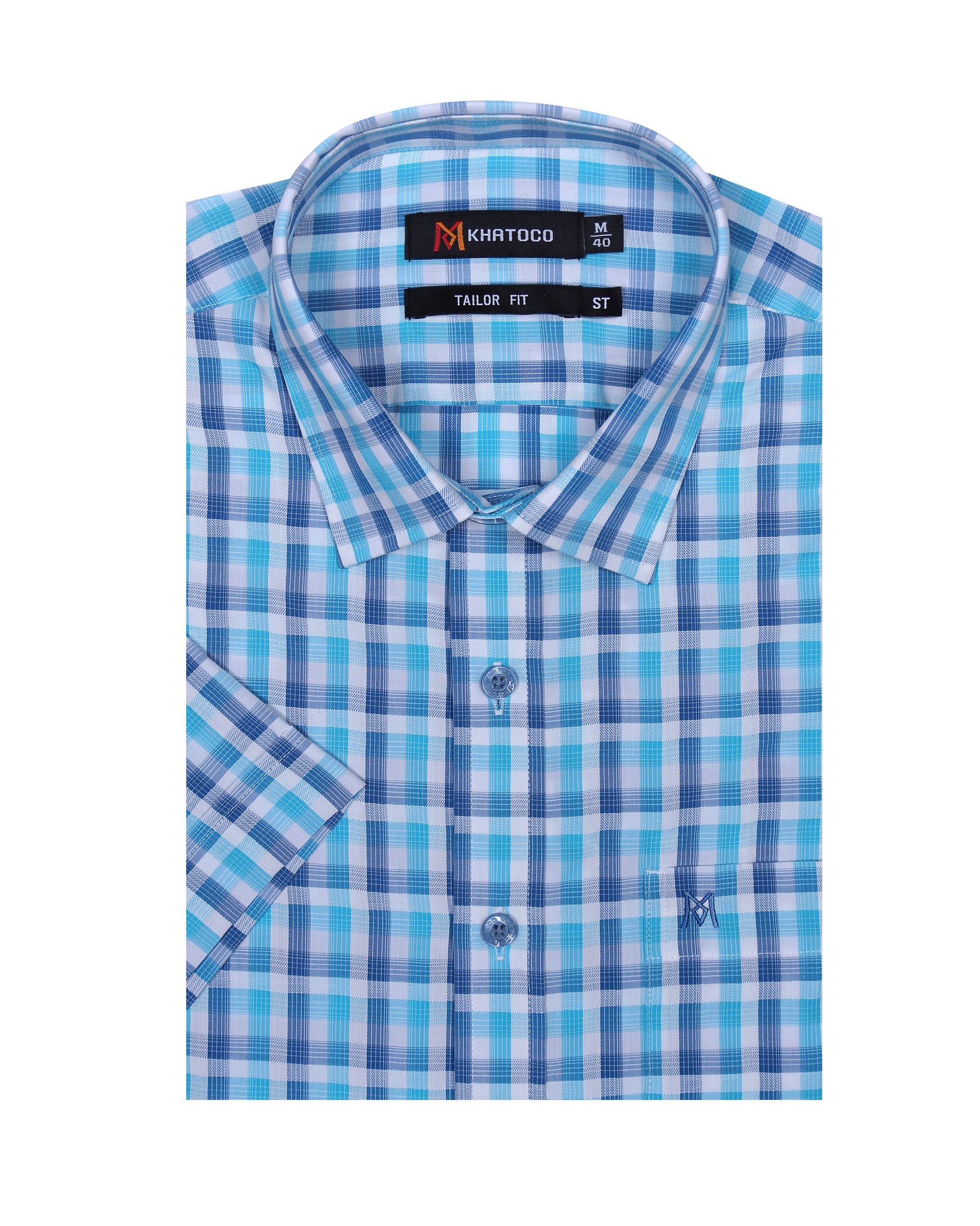 Áo sơ mi nam tay ngắn KHATOCO form Tailor Fit lai ngang caro xanh mã A1MN438T2-CNCR053-2408-N