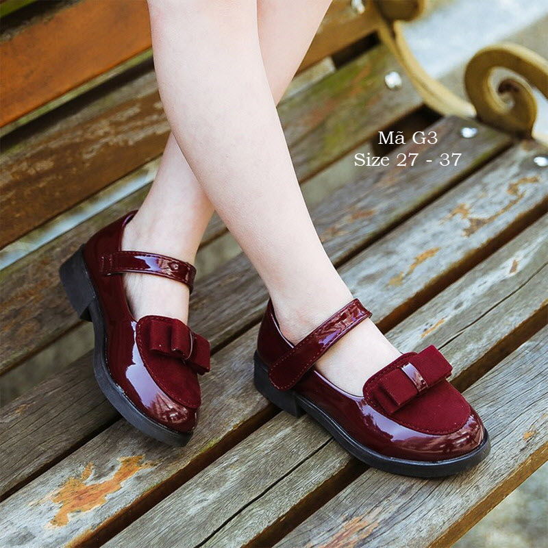 Giày cho bé gái búp bê thời trang- Giày bé gái đi học màu đỏ đô - Giày công chúa - Giày mặc áo dài cho bé gái 3 - 12 tuổi G3