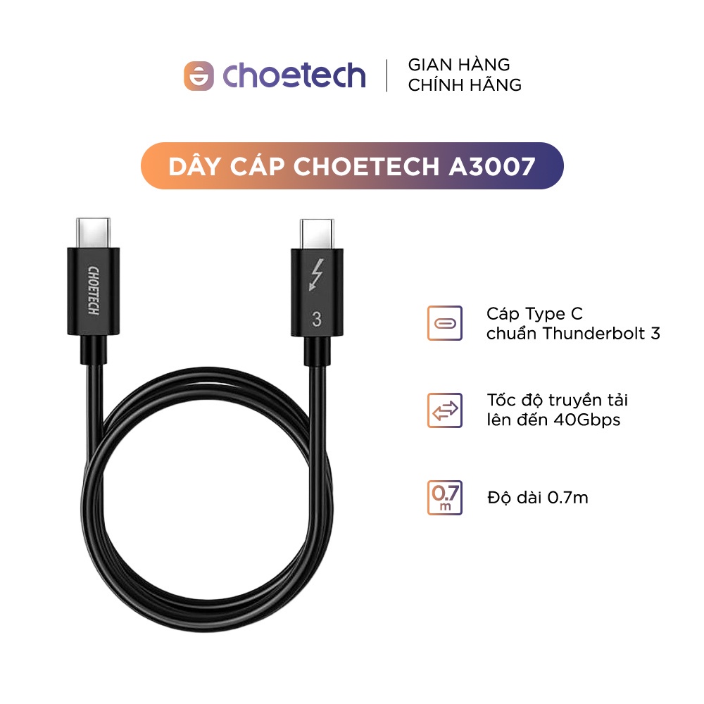 Dây cáp CHOETECH USB-C ra USB-C chuẩn Thunderbolt 3 - A3007 (Tất cả các sản phẩm di động)