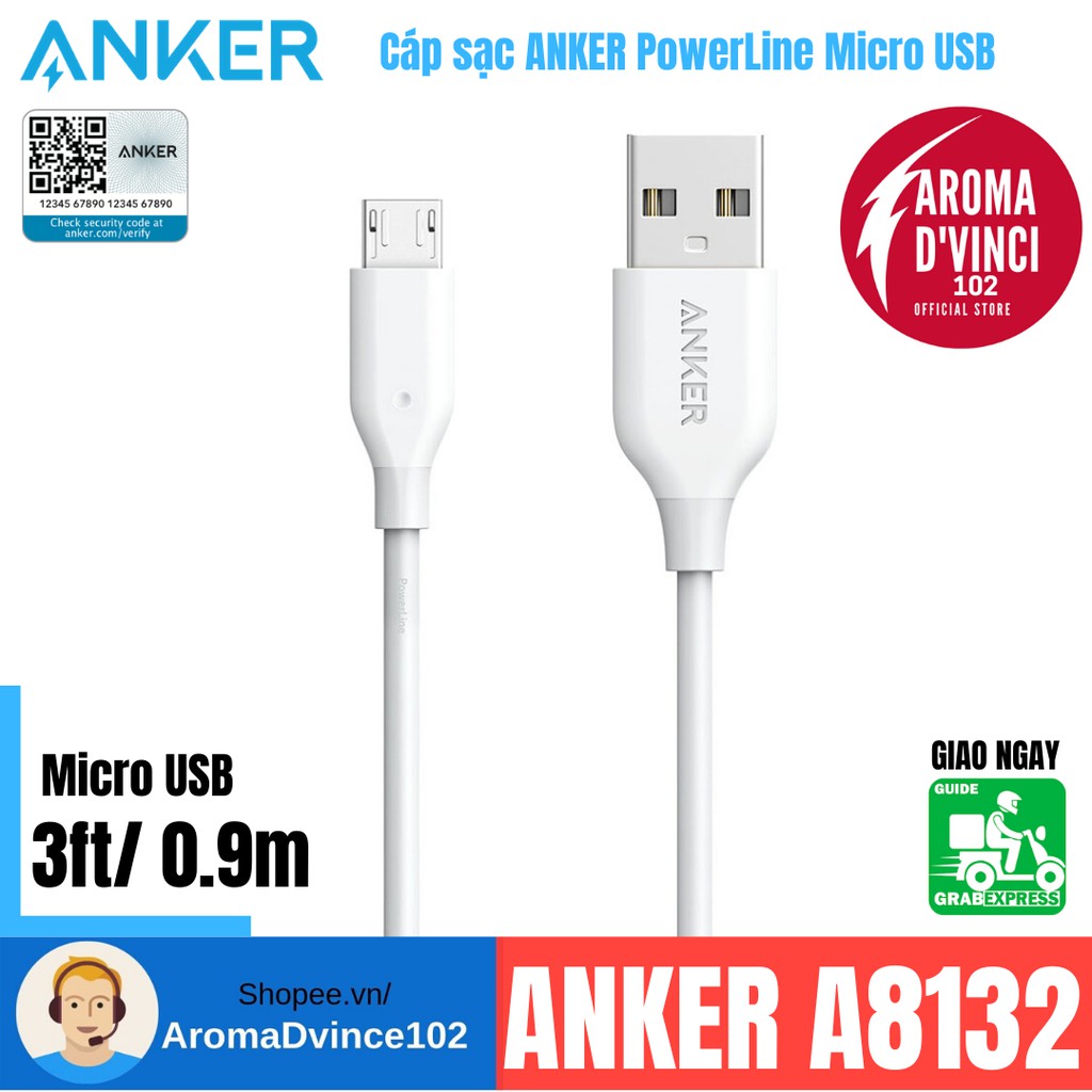 Dây Cáp Sạc Micro USB Anker PowerLine 0.9m - A8132 (Note: Không dùng cho iPhone) - Hàng   DVINCE Store