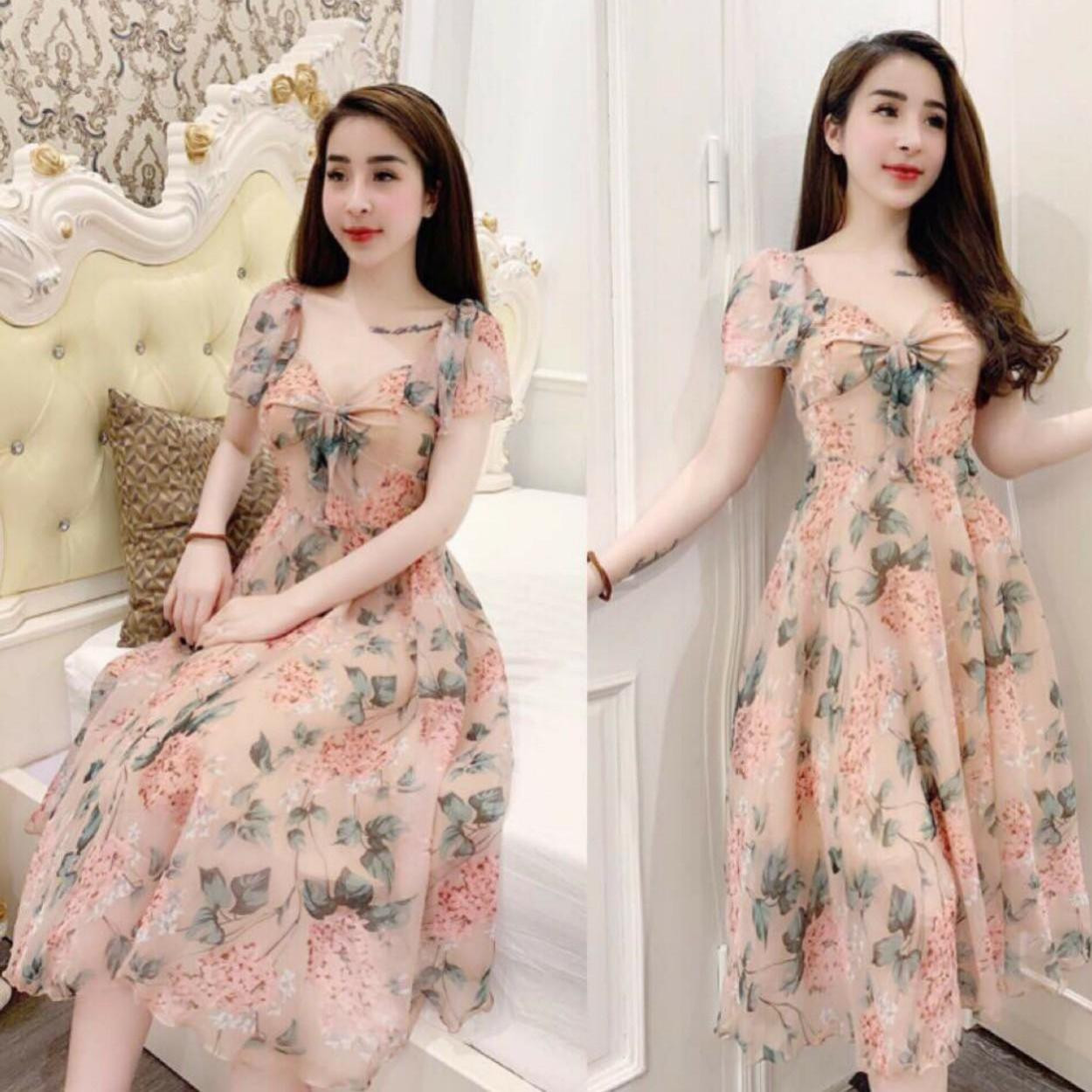 Đầm Nữ Vải Lụa Voan Hoa Cổ thắt Nơ Thời Trang Nữ Dự Tiệc