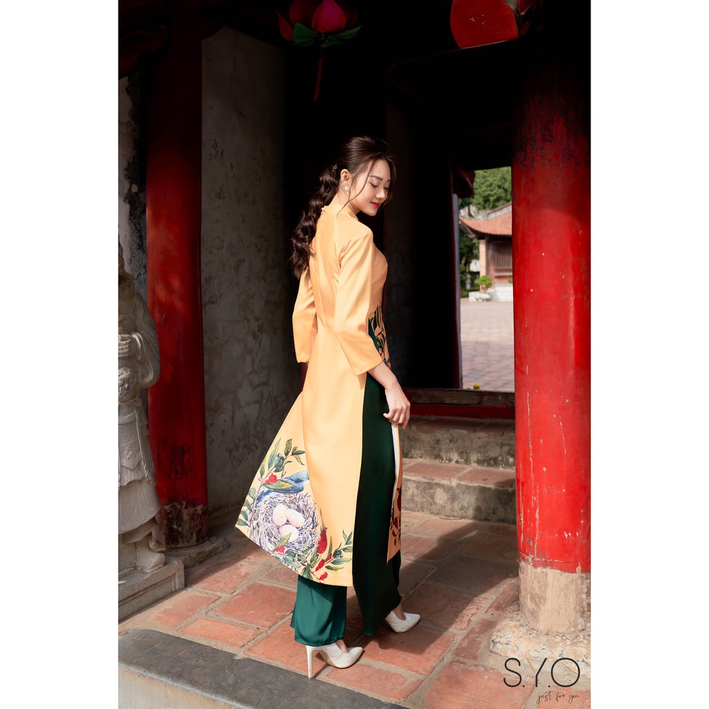 Áo Dài In Cành Lựu Đỏ Ad003