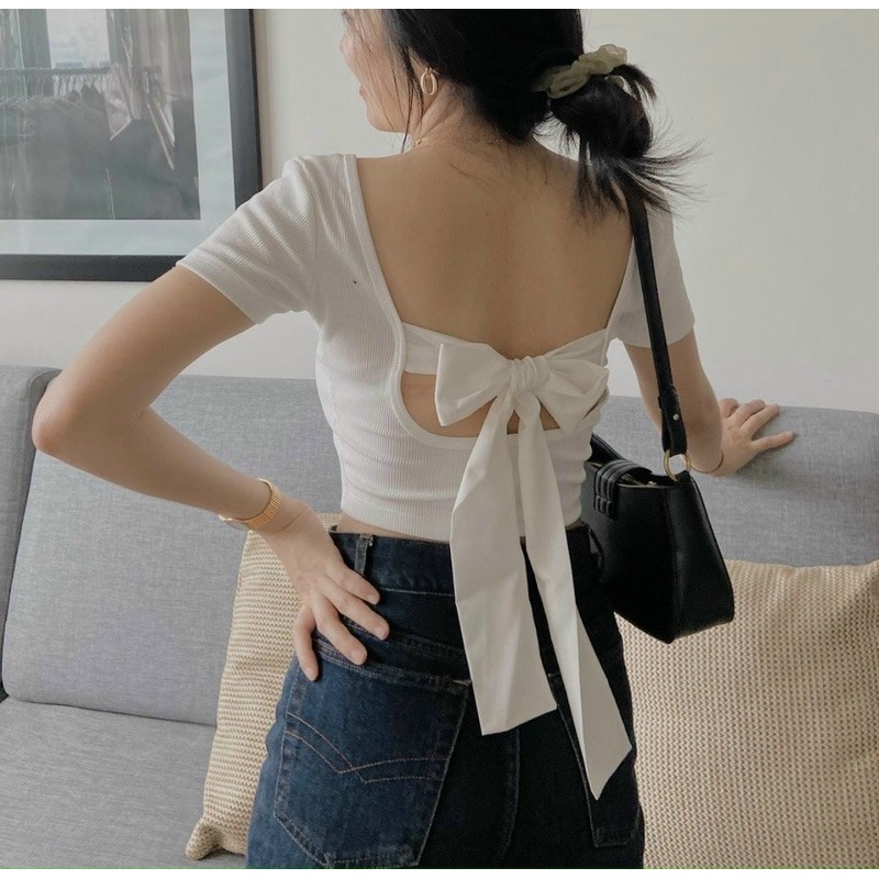 Áo Croptop Hở Lưng Cột Nơ Xinh (Không Có Mút Ngực)
