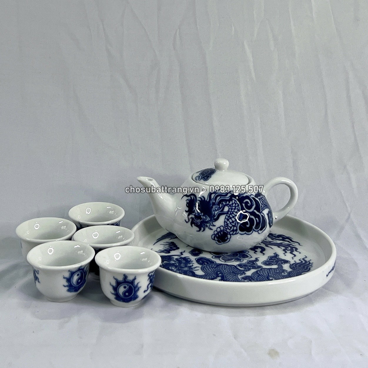 Bộ ấm chén thờ men xanh lam - 5 chén