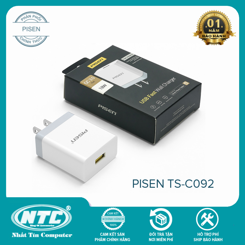 Cốc sạc nhanh pisen TS-C092 hỗ trợ quick charge 3.0 18W (Trắng) - Nhất Tín Computer