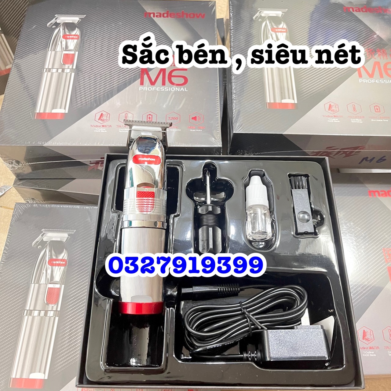 Madeshow Tông đơ chấn viền cao cấp M6, màu xanh trắng, pin lithium 1400mAh, động cơ Turbo 2 tốc độ, lưỡi thép không gỉ, công suất 8W, thiết kế hiện đại, bảo hành 3 tháng