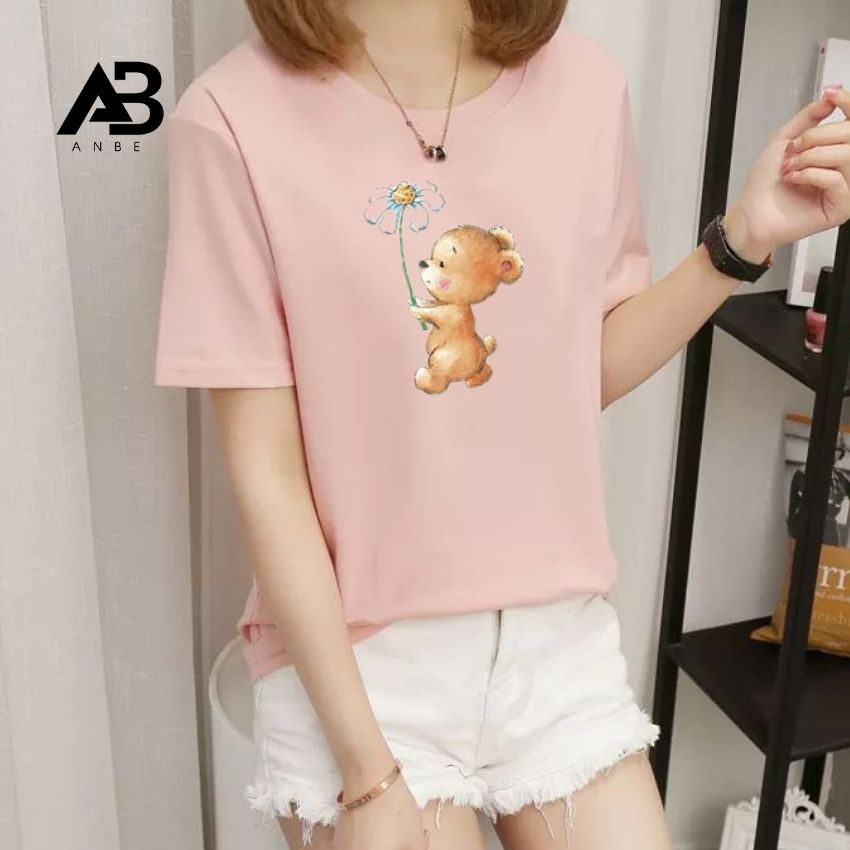 [GIÁ SỈ TOÀN QUỐC] Áo Thun Nữ Form Rộng Đẹp Tặng Son Dưỡng Môi 45k In Hình Gấu Cầm Hoa Xanh Đẹp Cổ Tròn Tay Ngắn Giá Rẻ 10k AnBe
